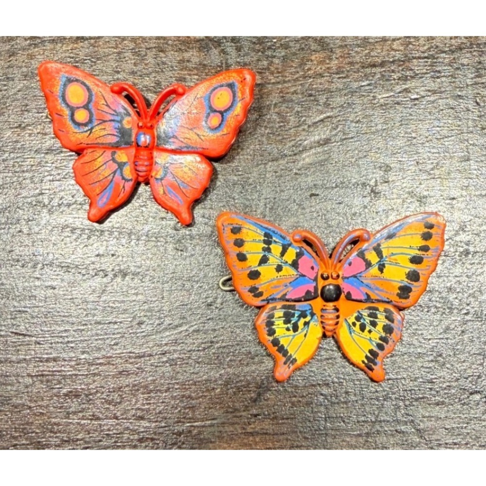 Vintage Butterfly Hair Clips Set of 2‎ Orange Red Kids Plastic Barrettes